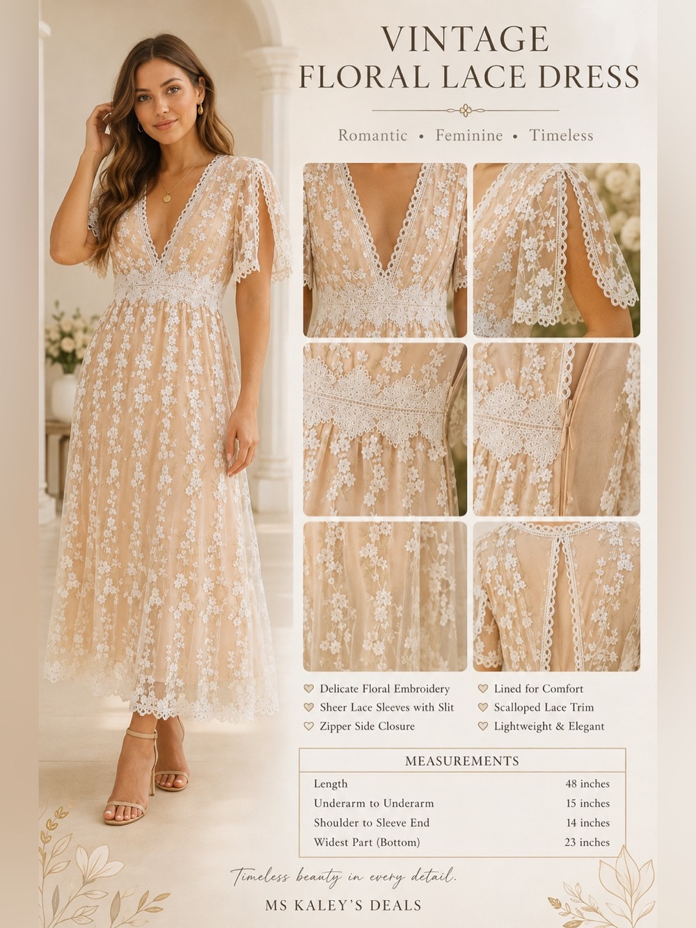 Beautiful One & One Elegant Lace Overlay Midi Dress in Beige & White size large